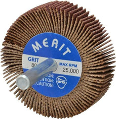 Merit Abrasives - 2" Diam x 1/2" Face Width, Medium Ceramic Alumina Coated Mounted Flap Wheel - 1/4" Shank Mount, 80 Grit, Cloth Backing, 25,000 Max RPM - Apex Tool & Supply