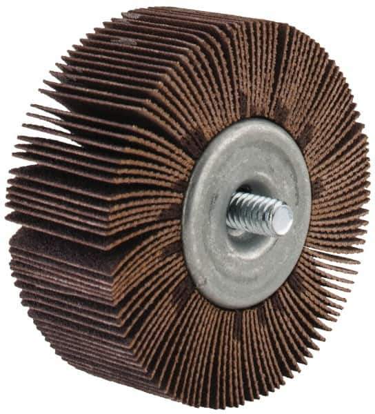 Merit Abrasives - 2-1/2" Diam x 1" Face Width, Fine Aluminum Oxide Coated Mounted Flap Wheel - 1/4-20 Threaded Mount, 120 Grit, Cloth Backing, 20,000 Max RPM - Apex Tool & Supply