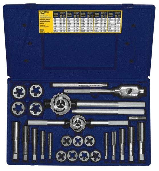 Irwin - 1/4-18 to 1-14 Tap, 1/4-18 to 1-14 Die, NPT, UNC, UNF, Tap and Die Set - Bright Finish Carbon Steel, Carbon Steel Taps, Nonadjustable 1-7/16, 1-13/16" Hex Size, 25 Piece Set with Plastic Case - Exact Industrial Supply