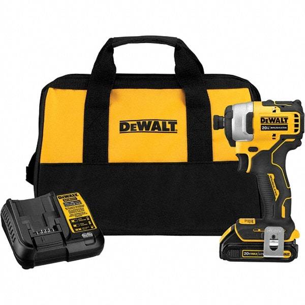 DeWALT - Atomic 20 Volt, 1/4" Drive, 1,700 In/Lb Torque, Cordless Impact Driver - Mid-Handle, 2800 RPM, 1 Lithium-Ion Battery Included - Apex Tool & Supply