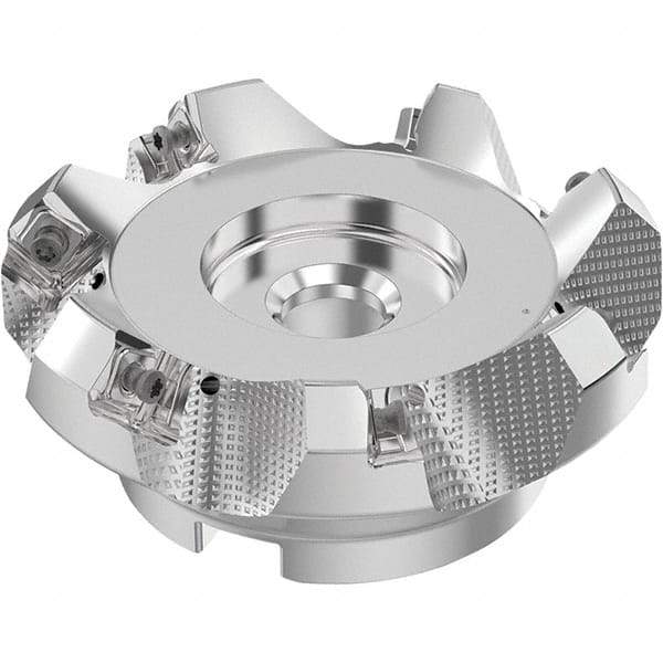 Seco - 4" Cut Diam, 1-1/2" Arbor Hole, 0.236" Max Depth of Cut, 48° Indexable Chamfer & Angle Face Mill - 7 Inserts, SN.. Insert, Right Hand Cut, 7 Flutes, Through Coolant, Series R220.54 - Apex Tool & Supply
