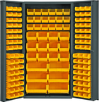 36"W - 14 Gauge - Lockable Bin Cabinet - With 132 Yellow Hook-on Bins - Deep Door Style - Gray - Apex Tool & Supply