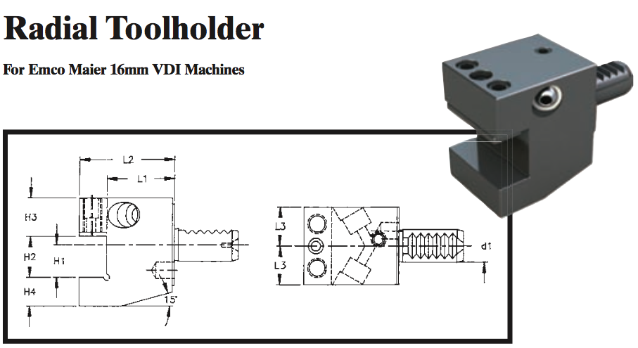 Radial Toolholder (For Emco Maier 16mm VDI Machines) - Part #: CNC86 E45.1616 - Apex Tool & Supply
