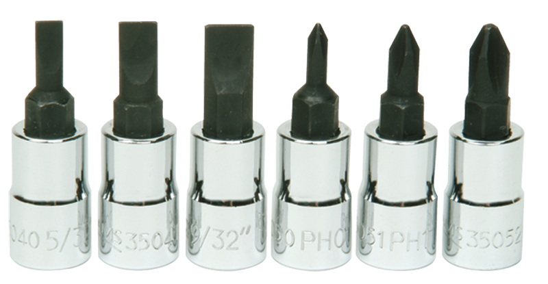 6 Piece - #9309068 - #0; #1; #2 Phillips; 5/32; 7/32; 9/32" Slotted - 1/4" Drive - Socket Drive Hex Bit Set - Apex Tool & Supply