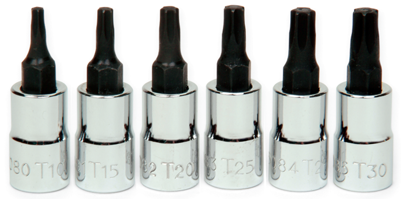 6 Piece - #9309082 - T10; T15; T20; T25; T27; T30 - 1/4" Drive - Socket Drive Torx Bit Set - Apex Tool & Supply