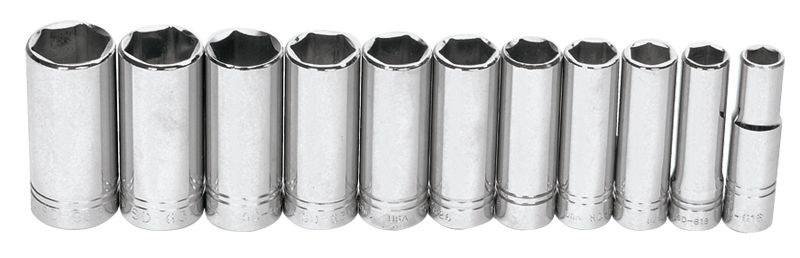 11 Piece - #9321367 - 1/2 to 1-1/8" - 1/2" Drive - 6 Point - Deep Socket Set - Apex Tool & Supply