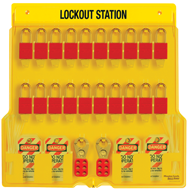 Padllock Wall Station - 22 x 22 x 1-3/4''-With (20) 3Red Steel Padlocks - Apex Tool & Supply