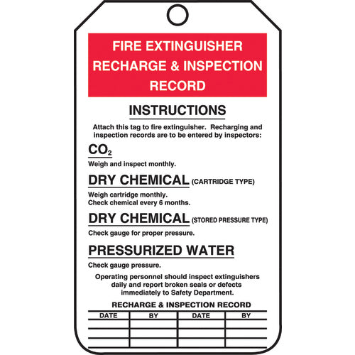 Fire Extinguisher Tag, Recharge & Inspection Record, 25/Pk, Cardstock - Apex Tool & Supply