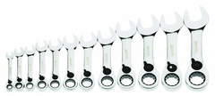 12 Piece - 12 Pt Ratcheting Stubby Combination Wrench Set - High Polish Chrome Finish - Metric; 8mm - 19mm - Apex Tool & Supply