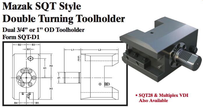 Mazak SQT Style Double Turning Toolholder (Dual 3/4Ó or 1Ó OD Toolholder Form SQT-D1) - Part #: SQT41.1020 - Apex Tool & Supply