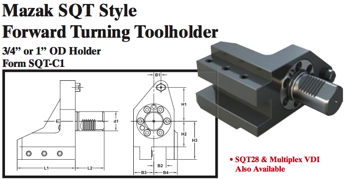 Mazak SQT Stye Forward Turning Toolholder (3/4Ó or 1Ó OD Holder Form SQT-C1) - Part #: SQT31.1525 - Apex Tool & Supply