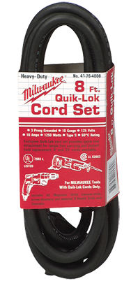 #48-76-4008 - Fits: Most Milwaukee 3-Wire Quik-Lok Cord Sets @ 8' - Replacement Cord - Apex Tool & Supply