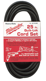 #48-76-4025 - Fits: Most Milwaukee 3-Wire Quik-Lok Cord Sets @ 25' - Replacement Cord - Apex Tool & Supply