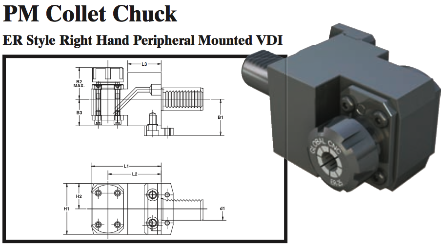 PM Collet Chuck (ER Style Right Hand Peripheral Mounted VDI) - Part #: PM53.3025ER - Apex Tool & Supply