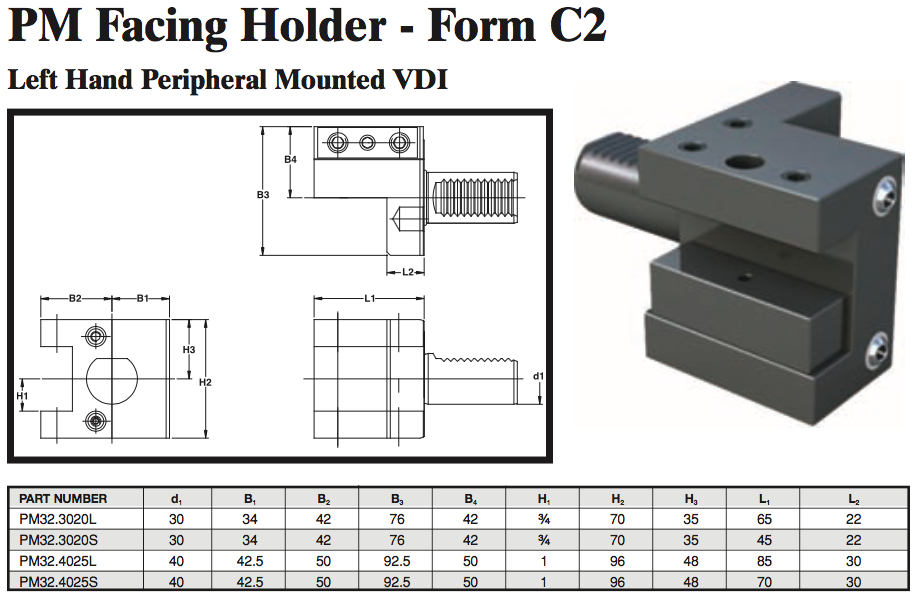 PM Facing Holder - Form C2 (Left Hand Peripheral Mounted VDI) - Part #: PM32.3020L - Apex Tool & Supply