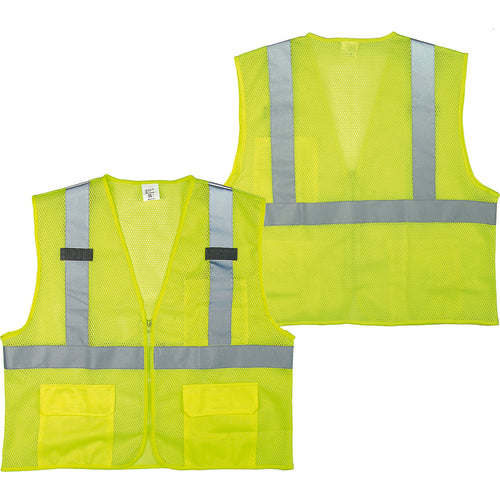 Class 2 Mesh Vest; Contrasting Color Strip, Zipper Closure, Outside Pocket - M - Apex Tool & Supply