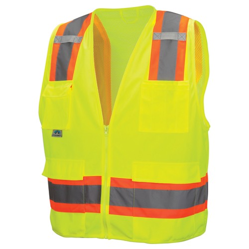 Class 2 Surveyors' Vest; Contrasting Color Strip, Zipper Closure, 8 Pockets - M - Apex Tool & Supply