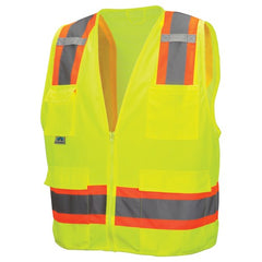 Class 2 Surveyors' Vest; Contrasting Color Strip, Zipper Closure, 8 Pockets - XL - Apex Tool & Supply