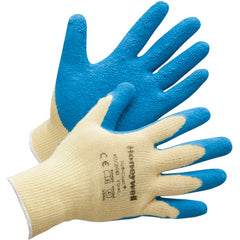 Large Gloves-Tuff Coat Cut Resistant - 10 Cut Medium Weight Yellow Kevlar With Blue Natural Rubber Palm And Fingertip Coating - Apex Tool & Supply