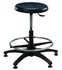 Round Black Polyurethane Stool - Standard Glides, 14" Seat Dia, 18" Adj Footring, Pneumatic Hgt Adj. Black, Plastic ABS Five Star Base, Bench Hgt 22.5" - 32.5" - Apex Tool & Supply