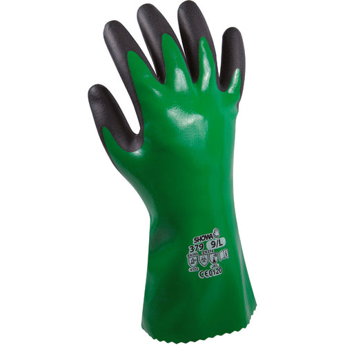 Chemical resistant fully coated with nitrile foamed overdip green w/black seamless knitted liner 12″ cuff/medium - Apex Tool & Supply