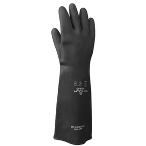 Chemical resistant natural rubber latex unsupported 18″ 40-mil unlined black bisque finish rolled cuff/L - Apex Tool & Supply