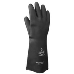Chemical resistant natural rubber latex unsupported 15″ 40-mil unlined black bisque finish rolled cuff/L - Apex Tool & Supply