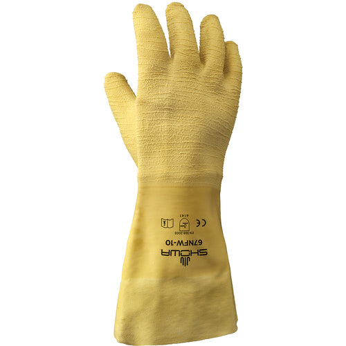 General purpose natural rubber fully coated 14″ gauntlet cuff yellow wrinkle-finish/medium - Apex Tool & Supply