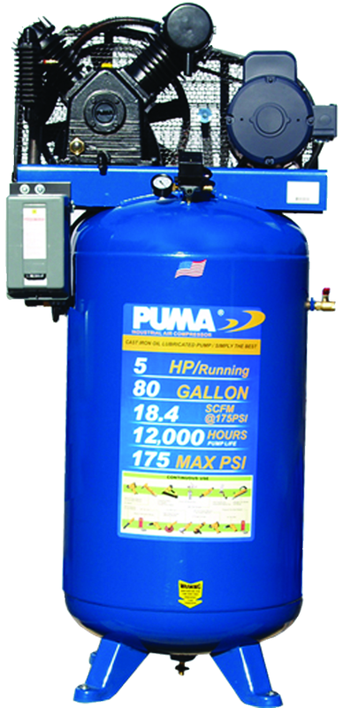 80 Gallon Vertical Tank Two Stage; Belt Drive; 5HP 230V 1PH W/Starter; 18.4CFM@175PSI; 530lbs. - Apex Tool & Supply