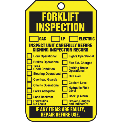 Forklift Tag, Forklift Inspection (Checklist)/Forklift Inspect, 25/Pk, Cardstock - Apex Tool & Supply