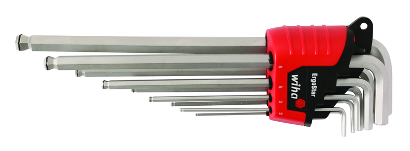 9 Piece - 1.5 - 10mm - Hard Chrome Finish - Ball End Hex L-Key MagicRing® Screw Holding Long Arm Metric Set in Holder - Apex Tool & Supply