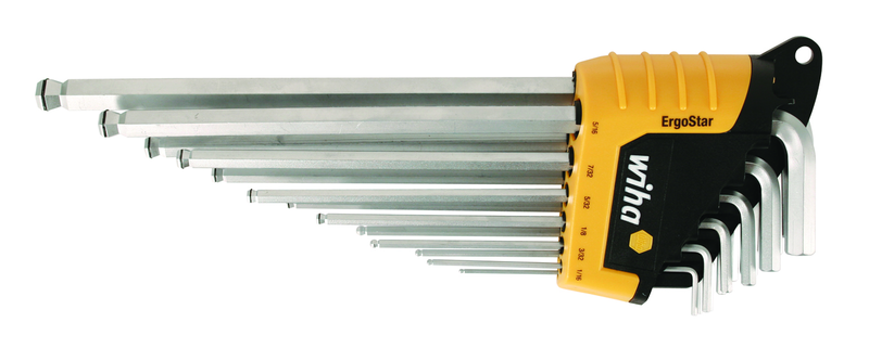 13 Piece - .050 - 3/8" - Hard Chrome Finish - Ball End Hex L-Key MagicRing® Screw Holding Long Arm Inch Set in Holder - Apex Tool & Supply