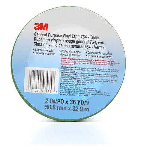 3M General Purpose Vinyl Tape 764 Green 2″ × 36 yd 5 mil Individually Wrapped Conveniently Packaged - Apex Tool & Supply