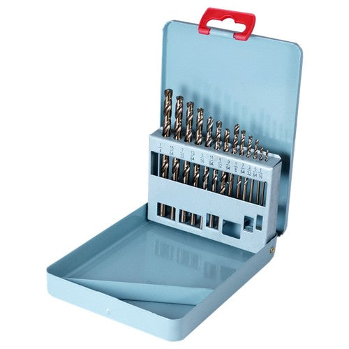 ‎1/16-1/4 RHS / RHC HSS-CO 8% (M42) 135 Degree Split Point Heavy Duty Cobalt Jobber Length Drill Set - Straw / Gold Oxide - Exact Industrial Supply