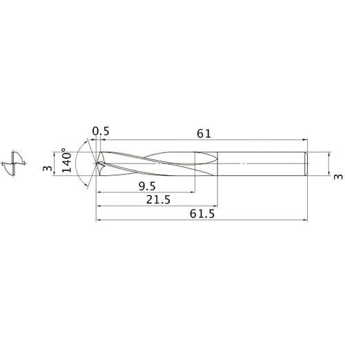 MAE0300MB HTI10 3 mm Dia. × 3 mm Shank × 21.5 mm Flute Length × 61.5 mm OAL, 140°, 2 Flute, External Coolant, Solid Carbide Drill
