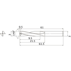 MAE0300MB HTI10 3 mm Dia. × 3 mm Shank × 21.5 mm Flute Length × 61.5 mm OAL, 140°, 2 Flute, External Coolant, Solid Carbide Drill