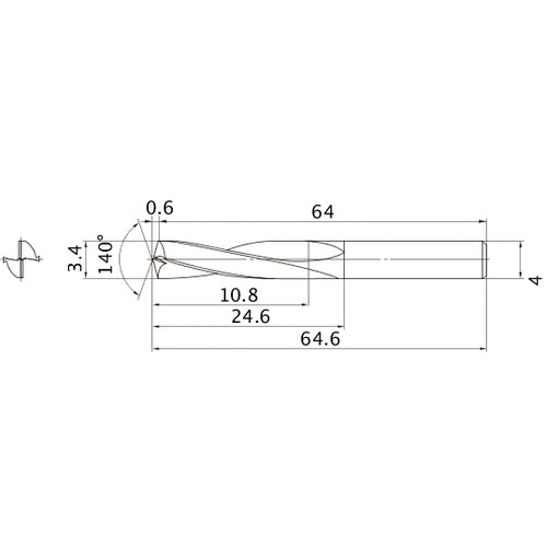 MAE0340MB HTI10 3.4 mm Dia. × 4 mm Shank × 24.6 mm Flute Length × 64.6 mm OAL, 140°, 2 Flute, External Coolant, Solid Carbide Drill