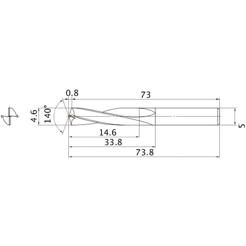 MAE0460MB HTI10 4.6 mm Dia. × 5 mm Shank × 33.8 mm Flute Length × 73.8 mm OAL, 140°, 2 Flute, External Coolant, Solid Carbide Drill