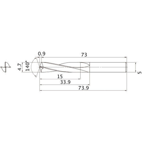 MAE0470MB HTI10 4.7 mm Dia. × 5 mm Shank × 33.9 mm Flute Length × 73.9 mm OAL, 140°, 2 Flute, External Coolant, Solid Carbide Drill