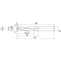 MAE0540MB HTI10 5.4 mm Dia. × 6 mm Shank × 37 mm Flute Length × 77 mm OAL, 140°, 2 Flute, External Coolant, Solid Carbide Drill