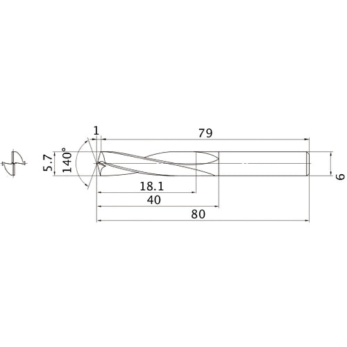 MAE0570MB HTI10 5.7 mm Dia. × 6 mm Shank × 40 mm Flute Length × 80 mm OAL, 140°, 2 Flute, External Coolant, Solid Carbide Drill