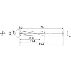 MAE0590MB HTI10 5.9 mm Dia. × 6 mm Shank × 40.1 mm Flute Length × 80.1 mm OAL, 140°, 2 Flute, External Coolant, Solid Carbide Drill