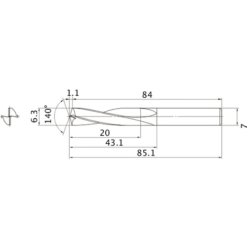 MAE0630MB HTI10 6.3 mm Dia. × 7 mm Shank × 43.1 mm Flute Length × 85.1 mm OAL, 140°, 2 Flute, External Coolant, Solid Carbide Drill