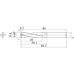 MAE0630MB HTI10 6.3 mm Dia. × 7 mm Shank × 43.1 mm Flute Length × 85.1 mm OAL, 140°, 2 Flute, External Coolant, Solid Carbide Drill