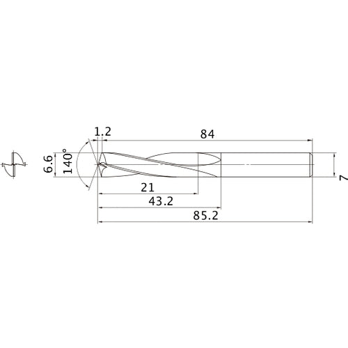 MAE0660MB HTI10 6.6 mm Dia. × 7 mm Shank × 43.2 mm Flute Length × 85.2 mm OAL, 140°, 2 Flute, External Coolant, Solid Carbide Drill