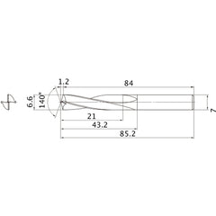 MAE0660MB HTI10 6.6 mm Dia. × 7 mm Shank × 43.2 mm Flute Length × 85.2 mm OAL, 140°, 2 Flute, External Coolant, Solid Carbide Drill