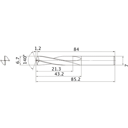 MAE0670MB HTI10 6.7 mm Dia. × 7 mm Shank × 43.2 mm Flute Length × 85.2 mm OAL, 140°, 2 Flute, External Coolant, Solid Carbide Drill