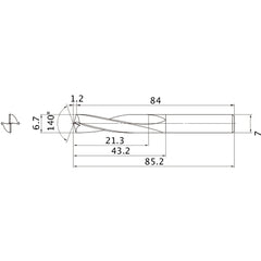 MAE0670MB HTI10 6.7 mm Dia. × 7 mm Shank × 43.2 mm Flute Length × 85.2 mm OAL, 140°, 2 Flute, External Coolant, Solid Carbide Drill
