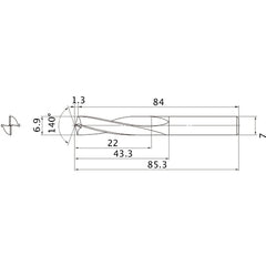 MAE0690MB HTI10 6.9 mm Dia. × 7 mm Shank × 43.3 mm Flute Length × 85.3 mm OAL, 140°, 2 Flute, External Coolant, Solid Carbide Drill