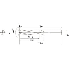 MAE0700MB HTI10 7 mm Dia. × 7 mm Shank × 43.3 mm Flute Length × 85.3 mm OAL, 140°, 2 Flute, External Coolant, Solid Carbide Drill